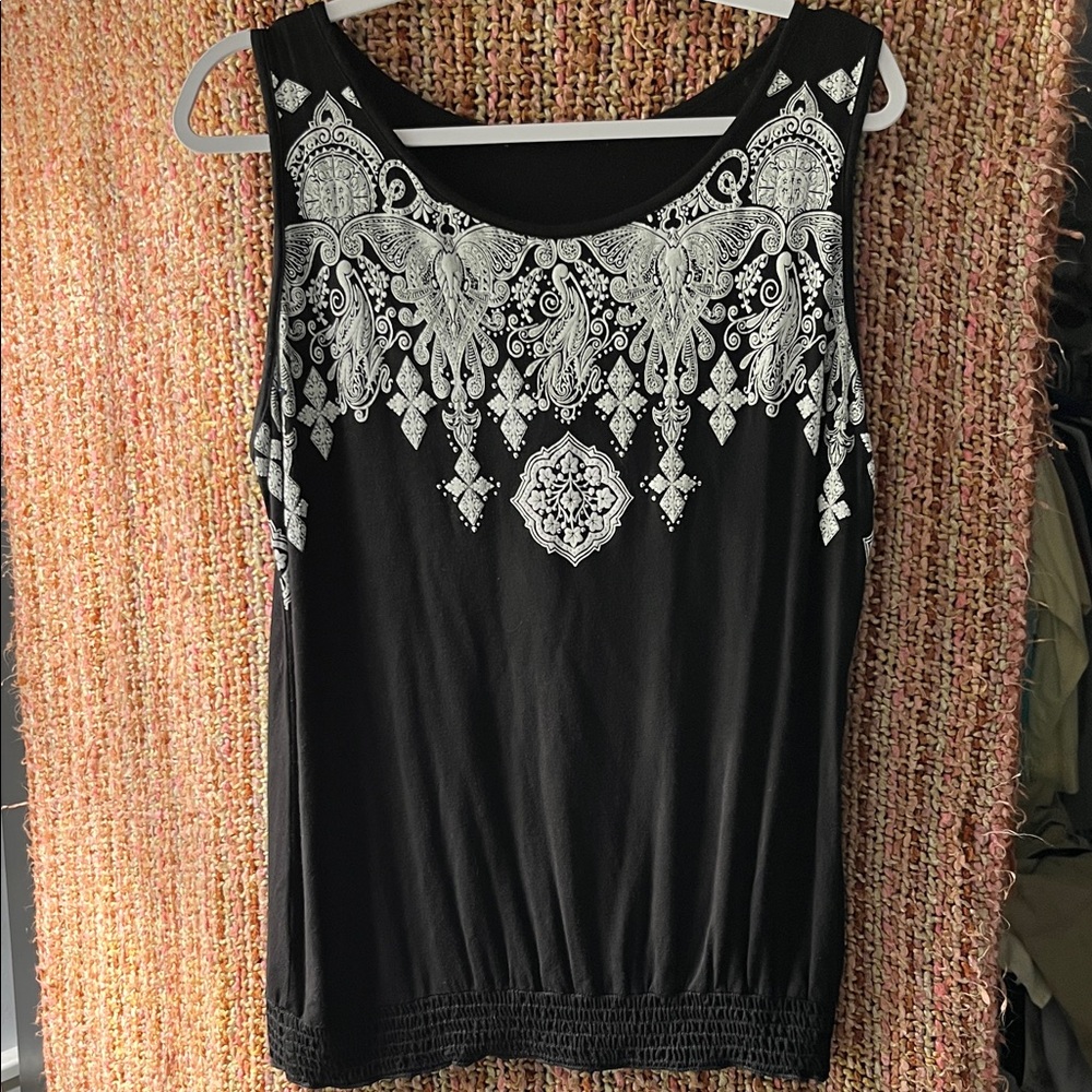 Black Tank Top Medium Rhinestone and Tribal Puff Print Detail Smocked Waist Boho